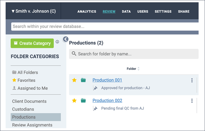 Organize ediscovery data in categories
